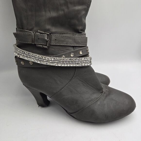 Vanity Gray Studded Rhinestone Knee High Boots Heeled Size 8.5 Alla VT - Picture 3 of 15